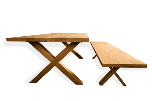 Set: Küchentisch + Sitzbank mit X Gestell aus Massivholz Eiche 40mm naturgeölt